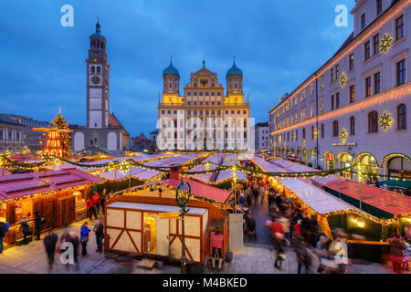 Christmas market,Perlach Tower and Town Hall,Rathausplatz,at dusk,Augsburg,Swabia,Bavaria,Germany Stock Photo