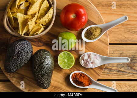 Ingredients for Guacamole dip with avocado lime tomato and spices