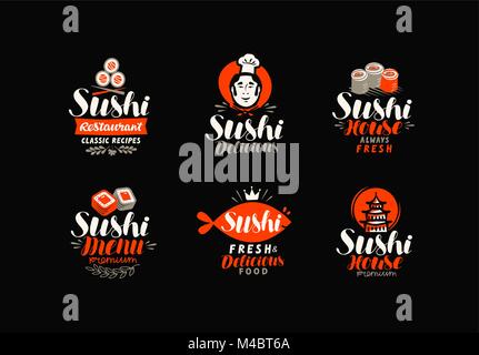 Sushi logo or label. Japanese food, seafood, restaurant typography. Vector illustration Stock Vector