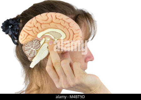 Woman holding hemisphere model  against head on white Stock Photo