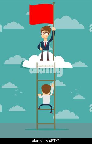 man standing while holding the career ladder to get the flag in the clouds Stock Vector