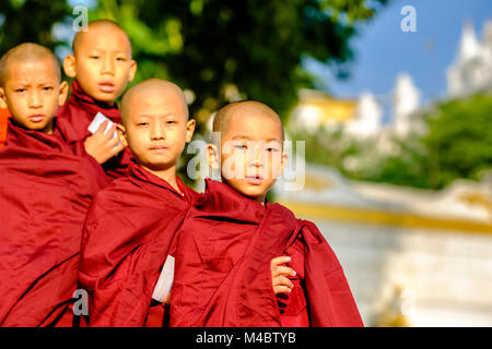 Portraits of young buddhist monks queuing in a long row to receive donations in a monastery Stock Photo