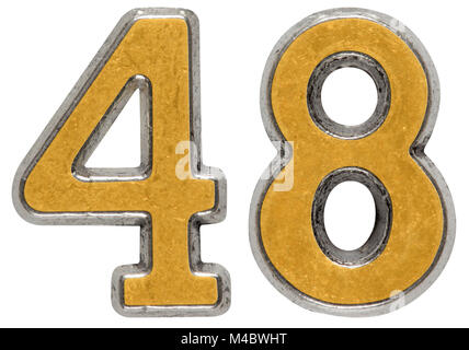 Gold number 48 (number forty-eight) with perforated black metal background and gold rings around. 3D illustration