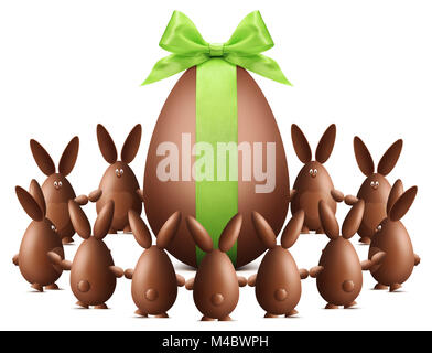 many chocolate easter bunnies with egg and green ribbon bow dancing isolated on white background Stock Photo
