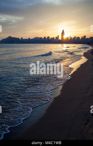 Golden sunset on the Poniente beach in Benidorm Stock Photo