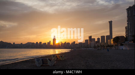 Golden sunset on the Poniente beach in Benidorm Stock Photo