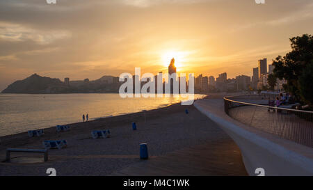 Golden sunset on the Poniente beach in Benidorm Stock Photo