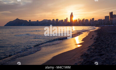 Golden sunset on the Poniente beach in Benidorm Stock Photo