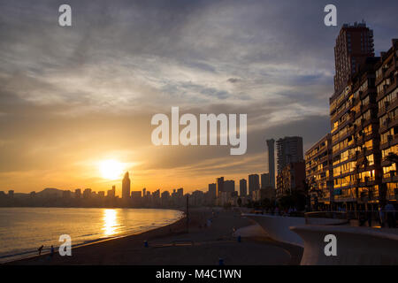 Golden sunset on the Poniente beach in Benidorm Stock Photo