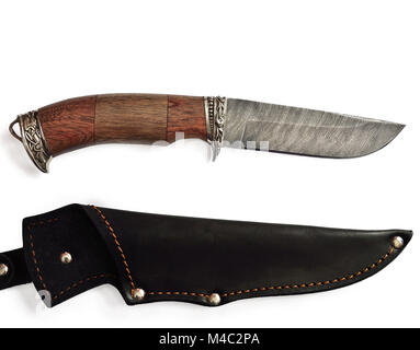 Hunting knife with wooden handle and black leather sheath Stock Photo