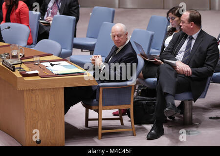 New York, NY, USA. 14th Feb, 2018. United Nations, New York, USA, February 14 2018 - Staffan de Mistura, United Nations Special Envoy for Syria During the Security Council meeting on the situation in Syria today at the UN Headquarters in New York City.Photo: Luiz Rampelotto/EuropaNewswire Credit: Luiz Rampelotto/ZUMA Wire/Alamy Live News Stock Photo