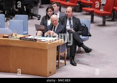 United Nations, New York, USA, February 14 2018 - Staffan de Mistura, United Nations Special Envoy for Syria During the Security Council meeting on the situation in Syria today at the UN Headquarters in New York City. Photo: Luiz Rampelotto/EuropaNewswire  Stock Photo