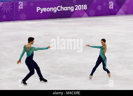 Gangneung, South Korea. 15th Feb, 2018. during the Pairs Figure Skating Free Skating at the PyeongChang 2018 Winter Olympic Games at Gangneung Ice Arena on Thursday February 15, 2018. Julianne Seguin and Charlie Bilodeau of Canada.Tae Ok Ryom and Ju Sik Kim of Republic of Korea.Nicole Della Monica and Matteo Guarise of Italy.Kristina Astakhova and Alexei Rogonov of Olympic Athlete from Russia.Valentina Mac Marchei and Ondrej Hotarek of Italy.Natalia Zabiiako and Alexander Enbert of Olympic Athlete from Russia.Ã¢â‚¬Â¨Vanessa James and Morgan Cipres of France.Xiaoyu Yu and Hao Zhang Stock Photo
