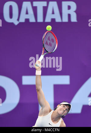 Doha, Qatar. 15th Feb, 2018. Caroline Garcia of France serves during the single's third round match against Anna Blinkova of Russia at the 2018 WTA Qatar Open in Doha, Qatar, on Feb. 15, 2018. Caroline Garcia won 2-0. Credit: Nikku/Xinhua/Alamy Live News Stock Photo