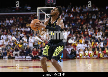 February 15, 2018: Oregon Ducks forward Troy Brown (0) shoots the ball in a NCAA Basketball game between the Oregon Ducks vs USC Trojans at the Galen Center in Los Angeles, CA: Jordon Kelly/CSM(Jordon Kelly : © Cal Sport Media) Stock Photo