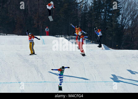 Pyeongchang, South Korea. 16th Feb, 2018. Snowboarder Michele Moioli of Italy leads the pack to the finish during the Women's Snowboard at the PyeongChang 2018 Winter Olympic Games at Phoenix Snow Park on Friday February 16, 2018. Moioli is the Gold medal winner. Credit: Paul Kitagaki Jr./ZUMA Wire/Alamy Live News Stock Photo