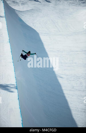 Pyeongchang, South Korea. 16th Feb, 2018. Freestyle skiers practice for halfpipe at the PyeongChang 2018 Winter Olympic Games at Phoenix Snow Park on Friday February 16, 2018. Credit: Paul Kitagaki Jr./ZUMA Wire/Alamy Live News Stock Photo