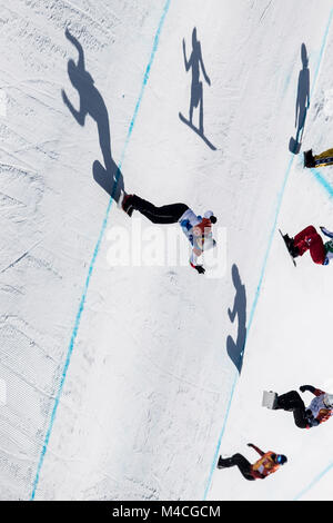 Pyeongchang, South Korea. 16th Feb, 2018. Atheletes compete during the ladies' snowboard cross final at the 2018 PyeongChang Winter Olympic Games, at Phoenix Snow Park, South Korea, on Feb. 16, 2018. Credit: Wu Zhuang/Xinhua/Alamy Live News Stock Photo