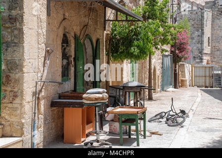 HEBRON, ISRAEL - AUGUST 04, 2010: Horizontal picture of personal belongings in the streets of Hebron, Israel. Stock Photo