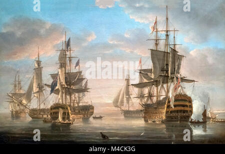 Nelson's Flagships at Anchor by Nicholas Pocock, oil on canvas, 1807. The flagship HMS Victory is prominent in the right foreground, anchored off Portsmouth. Stock Photo