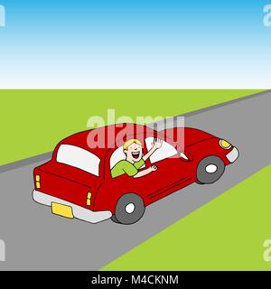 An image of a passenger waving goodbye from a car on road. Stock Vector
