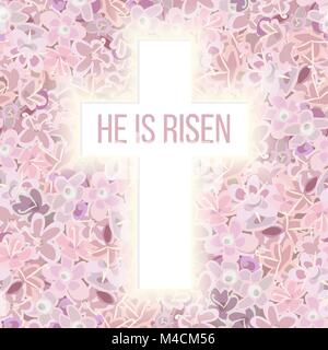 He is risen. Bible quote, Holy Cross on pink flower background carnation, crane's-bill or meadow geranium wildflower, violet. Vector. floral collectio Stock Vector