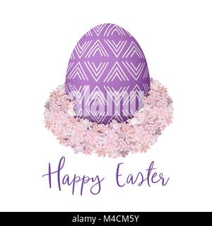 Easter purple egg. Decorated festive egg with simple abstract decoration. Spring holiday. Vector Illustration. pink flower background, meadow geranium Stock Vector