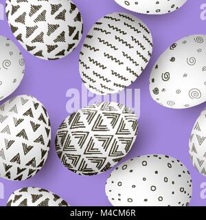 Easter eggs seamless pattern. Set of white decorated easter eggs with simple abstract ornaments on purple background. vector illustration. Postcard te Stock Vector