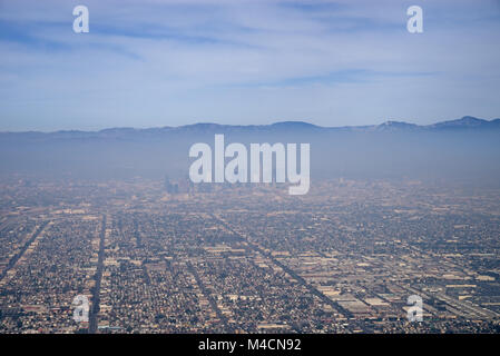downtown Los Angeles from the air viewed through a layer of smog pollution Stock Photo
