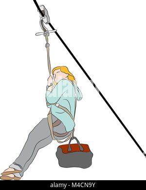 An image of a woman riding on a zip line. Stock Vector