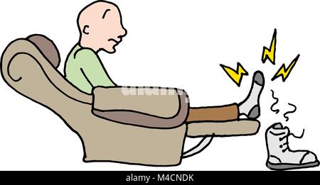 An image of a man with a sore entire feet sitting in a chair. Stock Vector