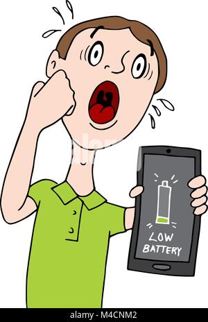 An image of a man with a low battery alert on his smart phone. Stock Vector
