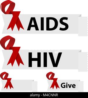An image of a AIDS red ribbon banner signs. Stock Vector