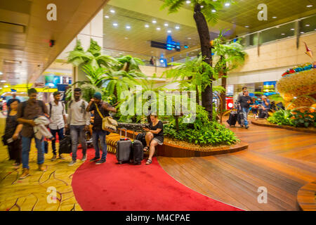 SINGAPORE, SINGAPORE - JANUARY 30, 2018: Indoor view of people walking in a small garden with plants inside of Singapore Changi Airport. Singapore Changi Airport is the primary civilian airport for Singapore Stock Photo