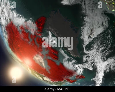 Illustration of Canada as seen from Earth’s orbit during sunset with visible country borders. 3D illustration. Elements of this image furnished by NAS Stock Photo