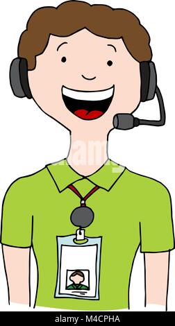 An image of a call center agent man wearing id lanyard badge. Stock Vector