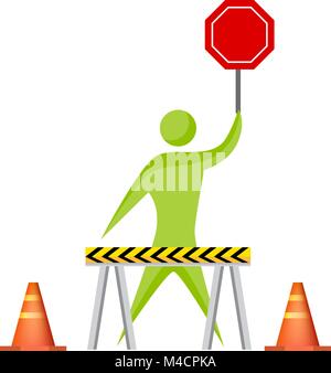 An image of an abstract construction worker holding a stop sign. Stock Vector
