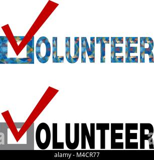 An image of volunteer text with red checkmark with box. Stock Vector