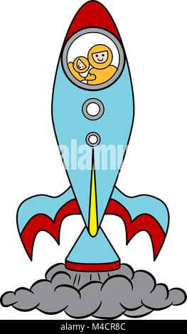 An image of a rocket ship launching into space with happy astronauts on board. Stock Vector
