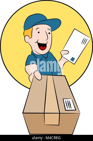 An image of a post office worker making a package delivery. Stock Vector