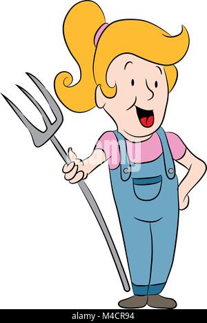 cartoon farmer character wearing overalls and hat holding pitchfork and ...