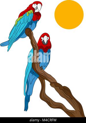 An image of two parrots sitting on a tree branch. Stock Vector