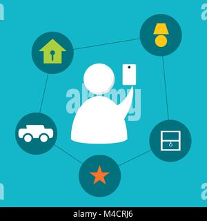 An image of an abstract person controlling items at home with a smartphone. Stock Vector