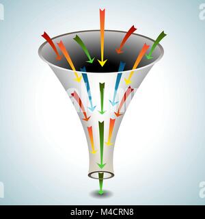 An image of a 3d funnel icon with merging arrows. Stock Vector