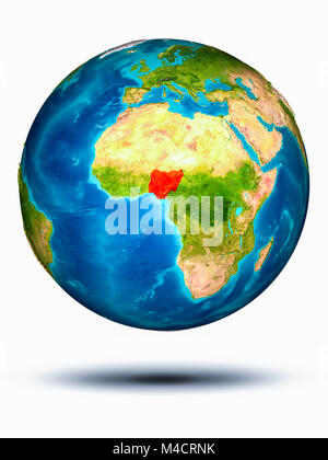 Nigeria in red on model of planet Earth hovering in space. 3D illustration isolated on white background. Elements of this image furnished by NASA. Stock Photo