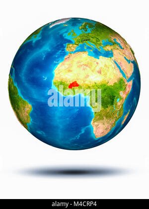 Burkina Faso in red on model of planet Earth hovering in space. 3D illustration isolated on white background. Elements of this image furnished by NASA Stock Photo