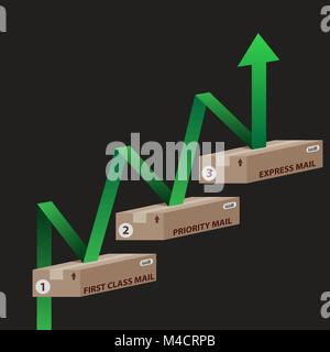An image of 3d shipping boxes with rising green arrow. Stock Vector