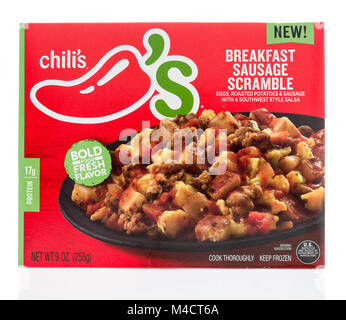 Winneconne, WI - 10 February 2018: A box of Chili's breakfast sausage scramble on an isolated background. Stock Photo