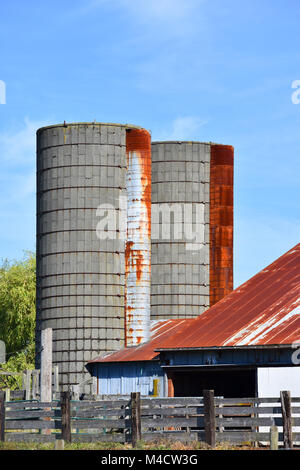 Two silos on a farm in the beautiful Pacific Northwest countryside of Ferndale, Washington, USA. Stock Photo