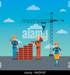 construction workers wall brick jackhammer and crane Stock Vector